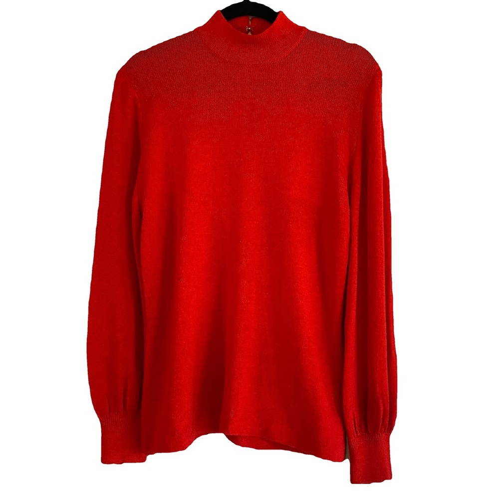 St. John By Marie Gray Red Santana Knit Sweater Mock Neck‎ Gold Buttons Vintage